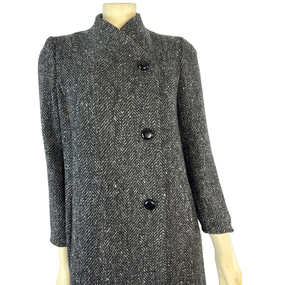 Larry Levine 90s Herringbone Wool Coat Petite Black Cream USA Made Small petite - Picture 2 of 13